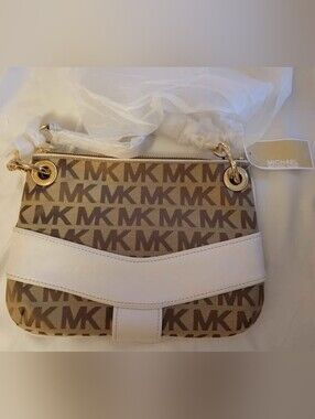 Michael Kors Brown MK Monogram Shoulder Bag with White Trim